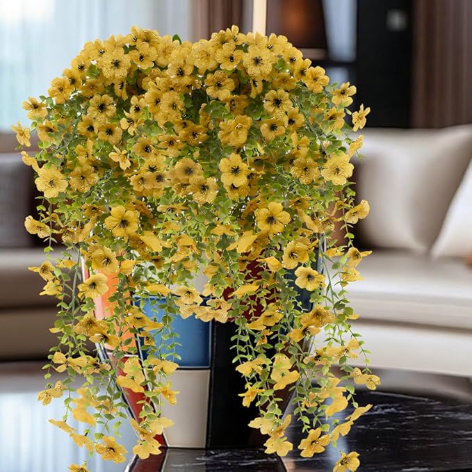EROCK Artificial Flowers for Outdoors, 4PCS Fake Silk Hanging Flowers for Decoration UV & Fading Resistant, Realistic Faux Plants & Flowers for Porch Patio Balcony Window Box Home Decor (Yellow)