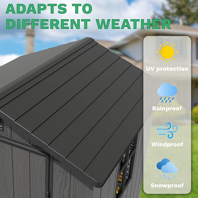 Greesum 4x4FT Plastic Storage Shed with Floor, Resin Outdoor Storaged Sheds with Lockable Door, All Weather Durable Tool Shed with Window and Vent, for Garden, Backyard, Patio, Dark Gray