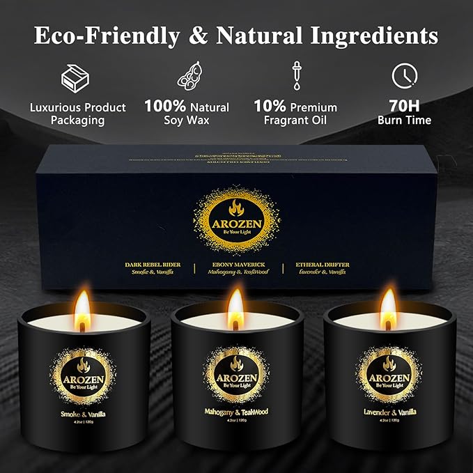 Christmas Candles, 3 Pack Scented Candle for Men, Soy Holiday Gifts Set, Aromatherapy Black Candles for Home Scented, Gifts for Men, Scent of Lavender, Mahogany Teakwood & Smoke Vanilla, 70H