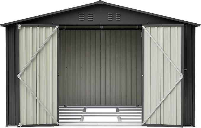 10x8 FT Outdoor Storage Shed with Floor Frame Structure and Lockable Doors, Durable and Sturdy Meta Sheds with Waterproof Roof Garden Tool Shed Ideal for Backyard Patio (Black