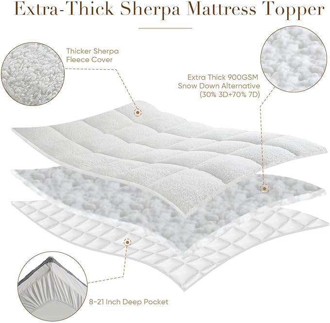 Cymula Full Size Mattress Topper for Winter Sherpa Pillow Top Mattress Pad Topper with 8-21 Inch Elasticated Deep Pockets, Plush Down Alternative Fill Mattress Protector, White