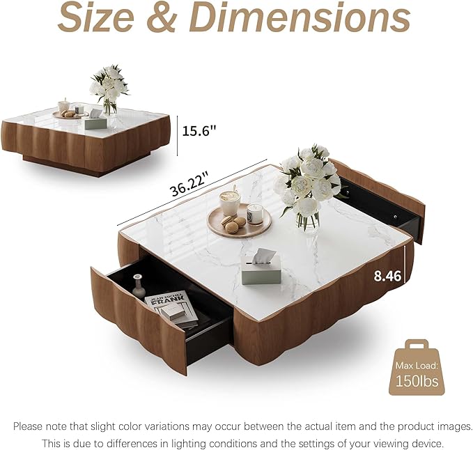 Fully Assembled Square Coffee Table Modern with Storage, 36.2" Toast Shape Luxury Wooden Center Table with Marble Look Table Top, for Living Room, Small Space
