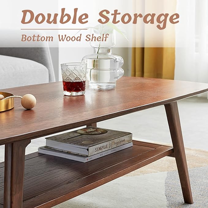 Mid Century Modern Coffee Table: 100% Solid Wood Coffee Table - 2-Tier Storage Design - Practical Coffee Tables for Living Room, Apartment, Easy Assembly (Walnut, 47.24")