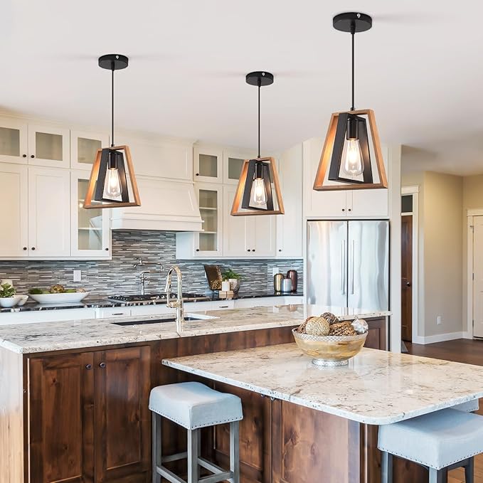 2 Pack Kitchen Island Pendant Lights, Black Industrial Metal and Vintage Wood Hanging Light, Mini Farmhouse Chandelier, Adjustable Height Rustic Ceiling Lamp for Entryway, Dining Room, Foyer