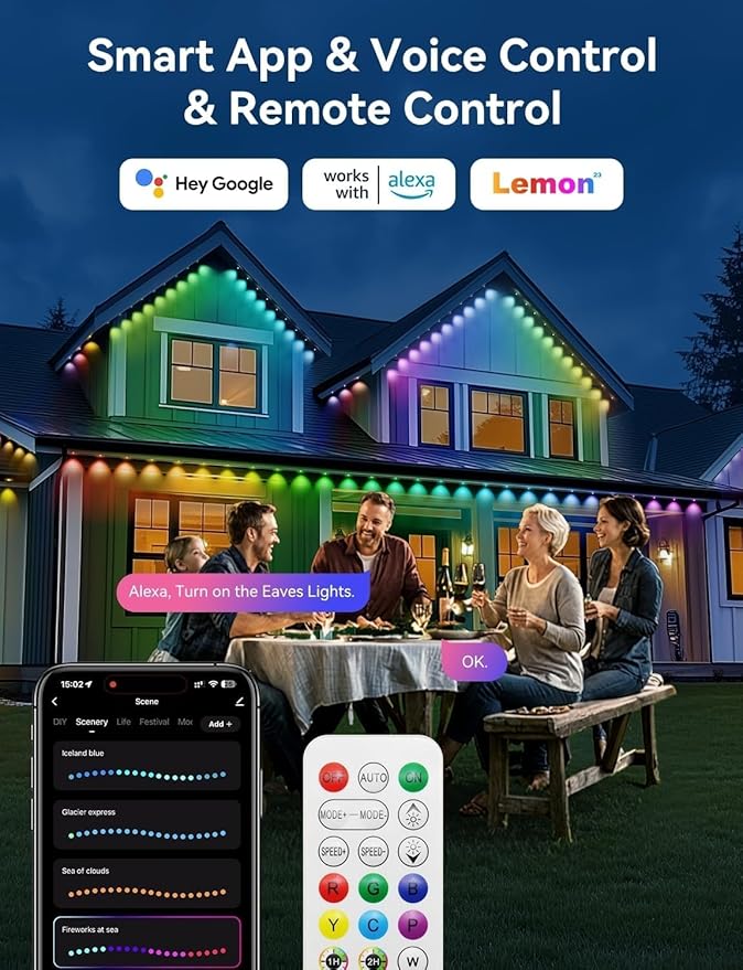 Permanent Outdoor Lights, 150ft Smart IC+RGB Outdoor Christmas Lights with 108 LED, IP67 Waterproof LED Eaves Lighting with DIY Scene Modes for Halloween Holiday Decor, Smart APP & Remote Control