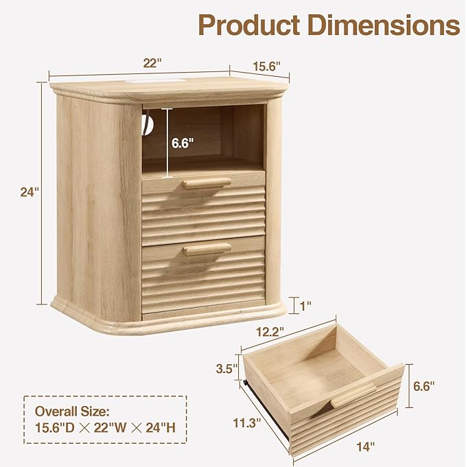 Okvnbjk 22" Fluted Nightstand Set of 2 with Charging Station, Modern End Table with 2 Drawers & Open Storage, Stylish Bedside Table for Living Room, Bedroom, Side Tables Curved Profile Design, Oak
