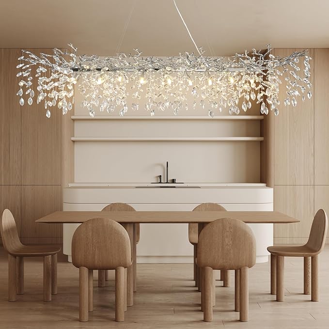 YUYI 71" Silver Chandelier, 20-Light Modern Crystal Tree Branch Chandelier, Luxury Rectangular Chandeliers for Dining Room, Kitchen Island, Living Room, Contemporary K9 Crystal Raindrop Light Fixture