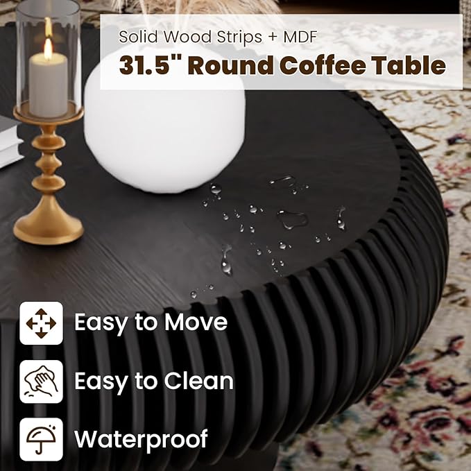 31.5" Drum Coffee Table Modern Unique Fluted Tea Table Contemporary Wood Round Coffee Table with Fluted Centry Table for Living Room Walnut (31.5" Black)