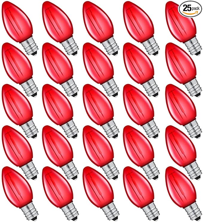 NETEHA 25 Pack C7 Red Led Replacement Christmas Light Bulb, C7 E12 Base 120V Waterproof Led Bulbs for Christmas Outdoor String Lights, Halloween Decoration Bulb