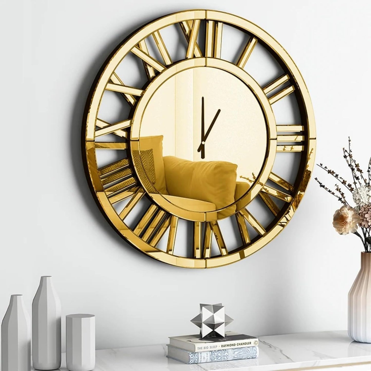 SHYFOY Mirrored Wall Clock, 32" Decorative Roman Numeral Clock, Large Silver Wall Clock for Living Room, Battery Powered, Simple Installation
