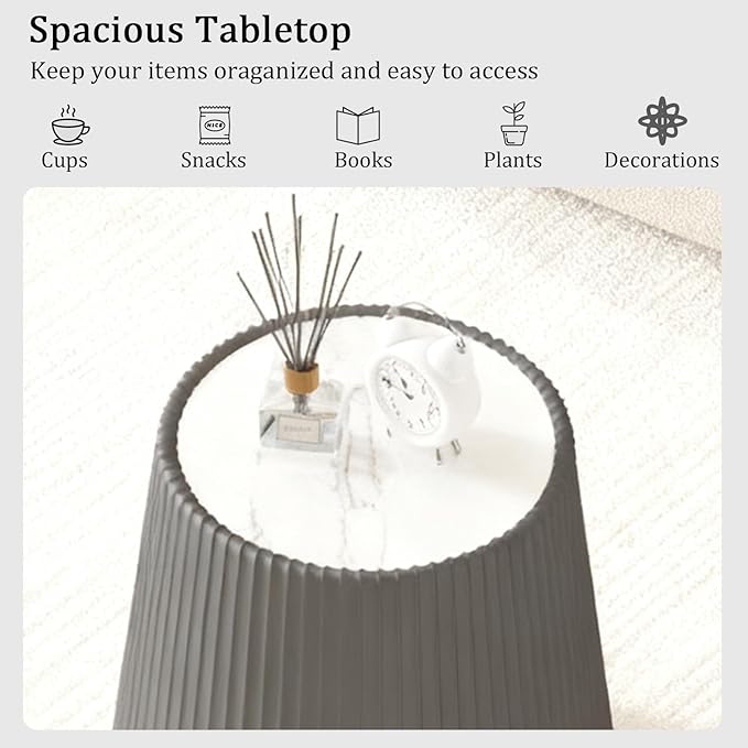 19.68" Grey Round Coffee Table, Drum Coffee Table with Sintered Stone Tabletop and Fluted PU Leather Covered and Stable Base, Circle Cocktail Tea Table for Living Room