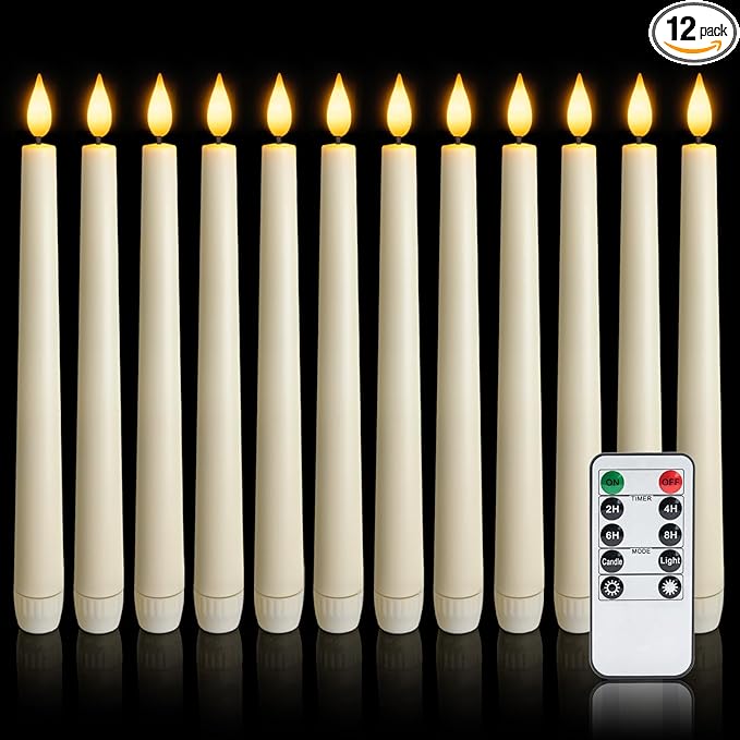 12 Pcs Flameless Taper Candles with Remote, Timer, Plastic Battery Operated Window Candles, 9.6 Inches Ivory LED Candlesticks, for Halloween Christmas Home Decoration