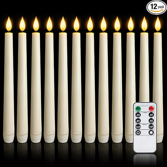 12 Pcs Flameless Taper Candles with Remote, Timer, Plastic Battery Operated Window Candles, 9.6 Inches Ivory LED Candlesticks, for Halloween Christmas Home Decoration