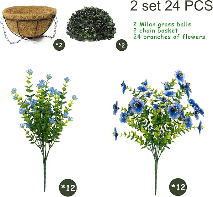 Artificial Hanging Plants Flowers with Basket 2 Packs, Artificial Hanging Flowers for Outdoors, Faux Hanging Plants Outdoor, Blue Fake Flowers