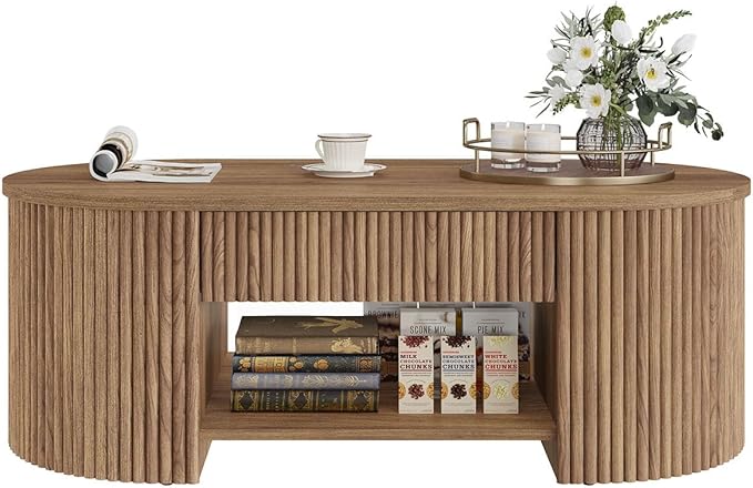 FATORRI Coffee Table for Living Room Storage, Modern Wood Center Table with Drawer, Farmhouse Oval Fluted Living Room Tables with Shelf (Walnut, 43.31 Inch)