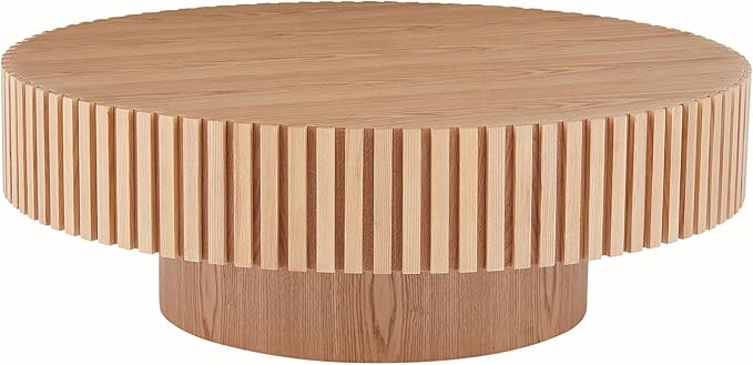 31.49" Modern Round Coffee Table,Sturdy MDF Material Pedestal Base,Fluted Wood Top,Luxury Drum Accent Table for Living Room,Kitchen,Apartment (Natural Ash,Round+Ø31.49 x13.97)