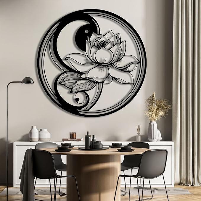 Yin Yang Lotus Flower Metal Wall Art, Metal Lotus Flower Wall Decor, Yin Yang Metal Wall Art, Yoga Sign Wall Art, Metal Wall Art for Living Room, Bedroom, Yoga Studio (Black, 31"x31"/80x79cm, metal wall art)