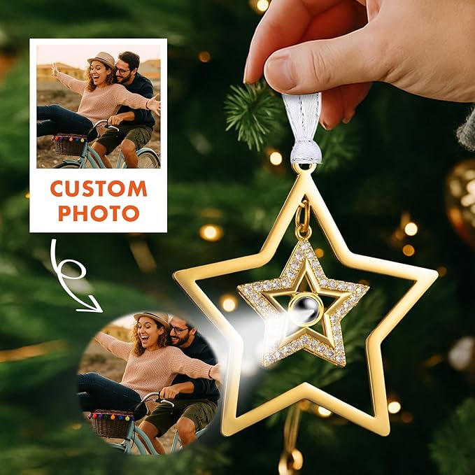 Custom Picture Ornaments, Personalized Christmas Ornaments with Photo Inside, Star Projection Pendant Ornament, Memorial Christmas Ornament, Gifts for Family/Friends/Couples(Double Star)