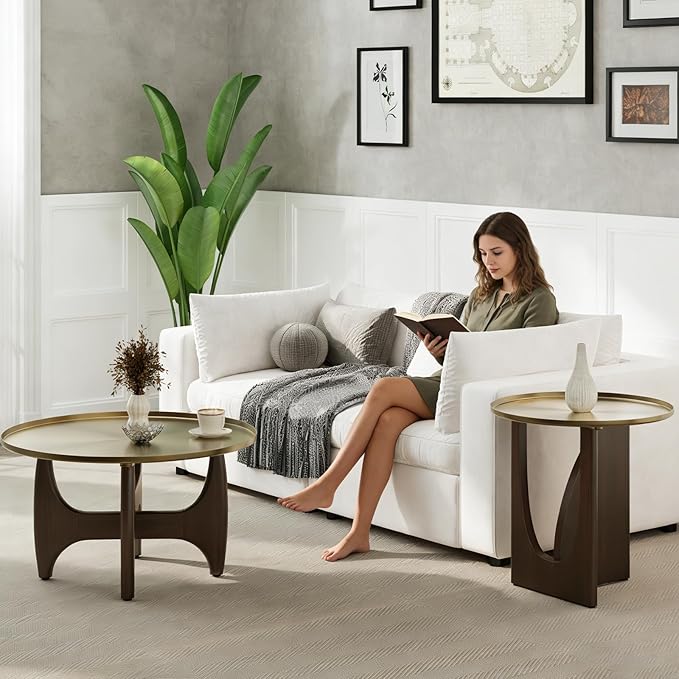 ACEDÉCOR Round Coffee Table, 30" Coffee Tables with Brushed Gold Tray Top and Solid Walnut Wood Base, Center Table for Living Room, Apartments and Small Spaces，Easy-Clean