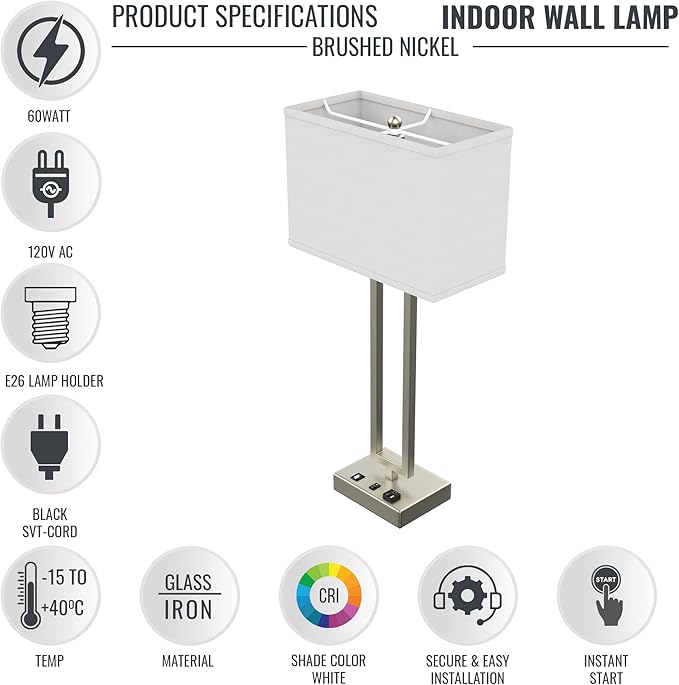 LEDMyPlace 28" Bedside Table Lamp w/ USB Port, On/Off Switch—E26 Lamp Holder—Brushed Nickel Finish & Fabric Linen Shade—Nightstand, Desk Lamp for Bedroom, Living Room, Office, Hotel Room—14"Wx28"Hx7"D