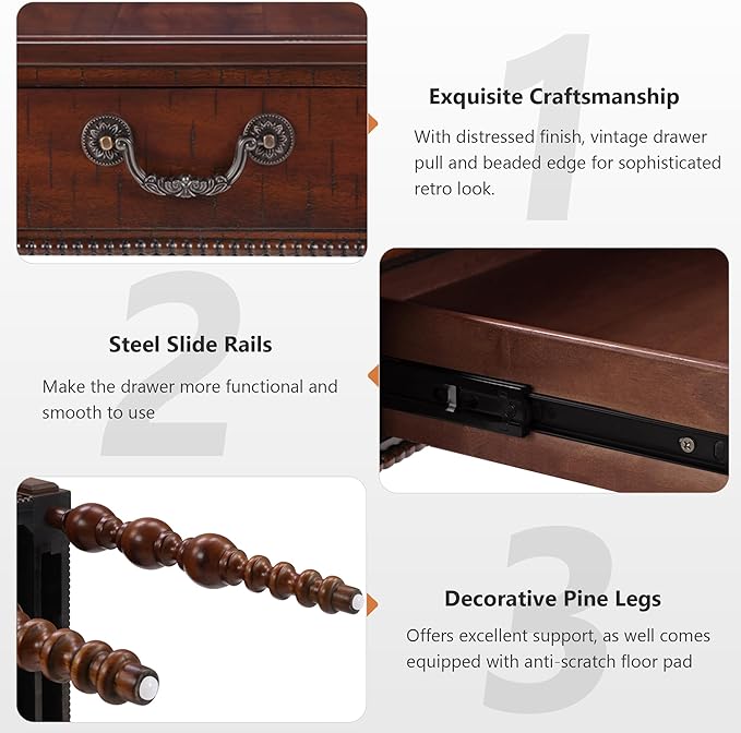 Amposei Retro Wooden Side End Table Vintage Nightstand Bedside Table with 1 Storage Drawer & Solid Wood Legs for Living Room Bedroom, No Assembly, Walnut