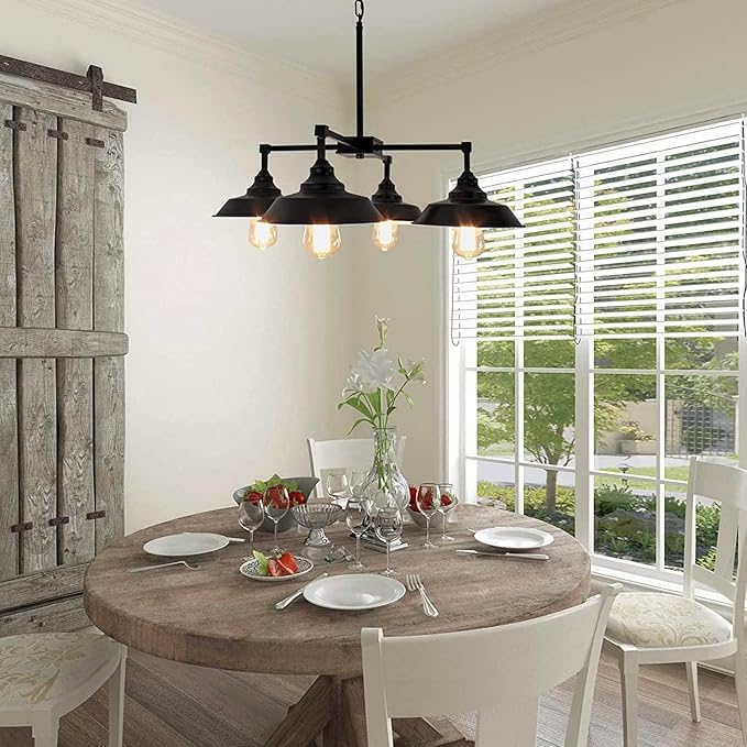 Kitchen Island Light Black Pendant Lighting Fixture 4 Lights, Modern Farmhouse Chandelier Industrial Metal Ceiling Hanging Lamp for Dining Room Hallway Pool Table