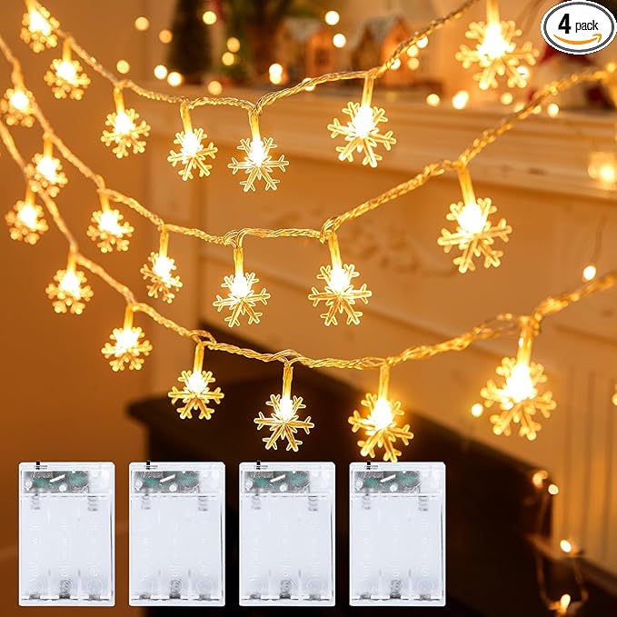 Minetom 4 Pack Christmas Lights, 14FT 30 LED Christmas Snowflakes Lights, Waterproof Snowflakes Holiday Light, Shatterproof Xmas Fairy Lights for Outdoor Indoor Decor