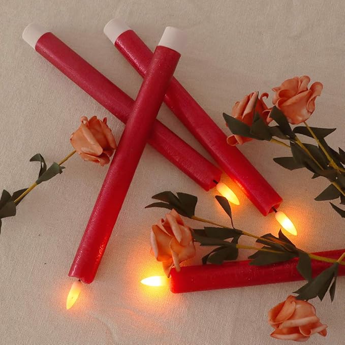 Red Flameless Taper Candles Battery Operated Flickering with 6H Timer, 3D Wick LED Taper Candles Real Wax Candlesticks, Party Christmas Home Decor 6 Pack 9.6" Christmas Red