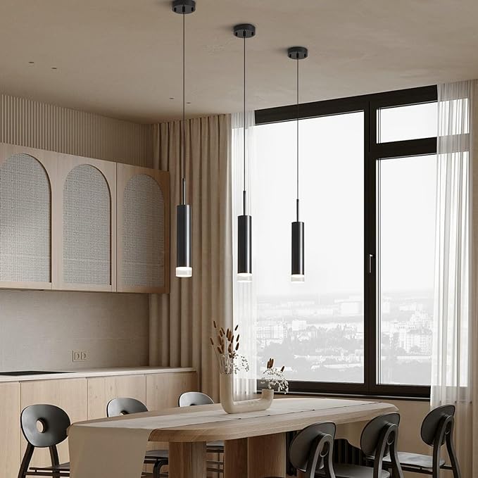 KCO Lighting Mid Century Modern Black Metal LED Pendant Light Nordic Minimalist Cylinder Hanging Kitchen Island Lighting Adjustable Mini Farmhouse Long Tube Dining Pendant Lighting