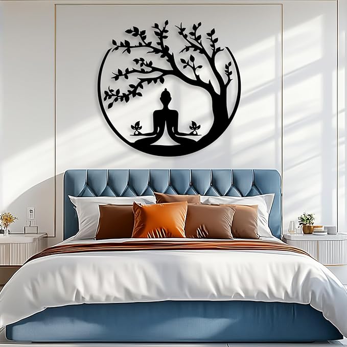 Buddha Tree of Life Metal Wall Decor, Metal Buddha Wall Art, Tree Metal Wall Decor, Tree of Life Wall Art, Zen Meditation Wall Art, Spiritual Wall Decor for Living Room, Home Decor (Silver, 35"x34" | 90x86cm)