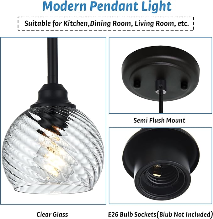 3 Pack Dining Room Light Fixtures Hanging with Clear Striped Swirl Globe Glass, Stylish Kitchen Island Hanging Pendant Light Black for Bar Hallway Bedroom, 1-Light