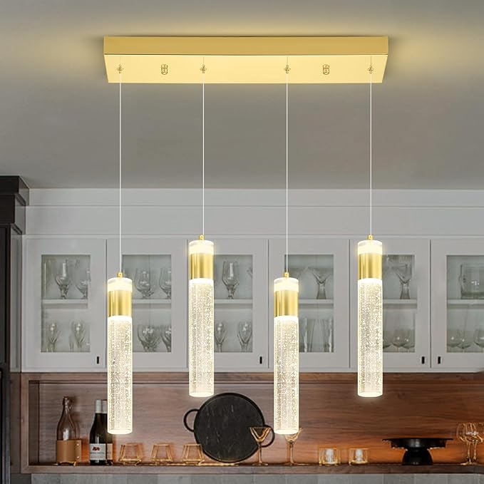 4-Light Crystal Column Chandelier Crystal Pendant Light Kitchen Island Modern Dimmable LED Ceiling Light for Dinning Room Living Room 32W Gold