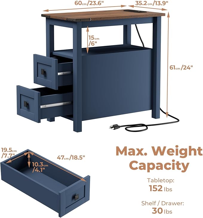 Farmhouse End Table with Charging Station and 2 Storage Drawers, Blue Wood Nightstand Narrow, Skinny Side Table Rustic, Slim Bedside Table, Open Shelf, Small for Bedroom, Living Room, Sofa