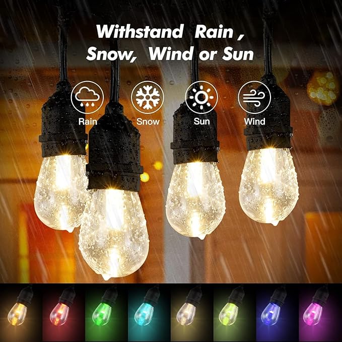 48FT Solar Outdoor String Lights, 15 Shatterproof Edison LED Bulbs, Dimmable RGB Color Changing Patio Lights with 8 Modes & Remote, Waterproof Commercial Grade for Garden, Yard, Party