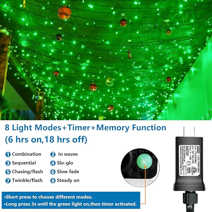 YEGUO 66ft 200 LED Green Christmas Lights Outdoor Waterproof, Green Wire String Lights Indoor, 8 Modes Twinkle Lights for Christmas Tree Plug in with Timer Memory