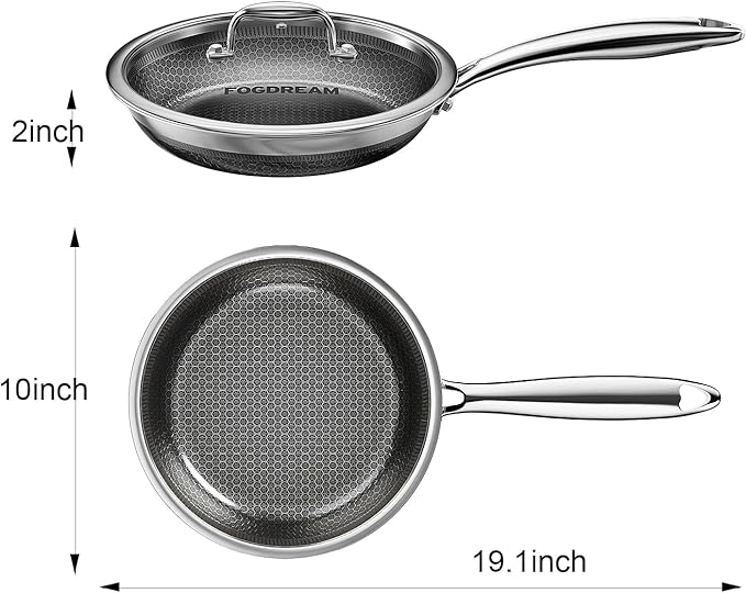 Fogdream 10” Non Stick Frying Pans, Stainless Steel Skillet with Lid, Tri-Ply Stainless Steel for All Cooktops, Dishwasher and Oven-Safe Cooking Pan, Stay-Cool Handle, Silver