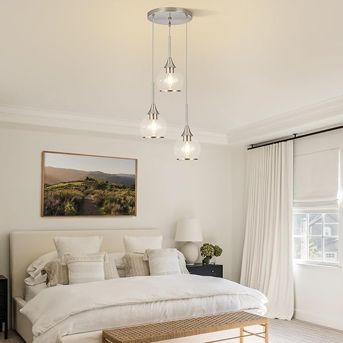 3-Light Island Light for Kitchen, Brushed Nickel Kitchen Island Hanging Pendant Light, Brushed Nickel Dining Room Light Fixture Over Table with Clear Round Glass Shade