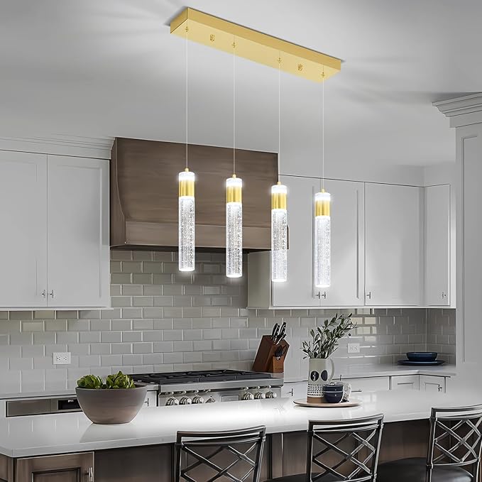 4-Light Crystal Column Chandelier Crystal Pendant Light Kitchen Island Modern Dimmable LED Ceiling Light for Dinning Room Living Room 32W Gold