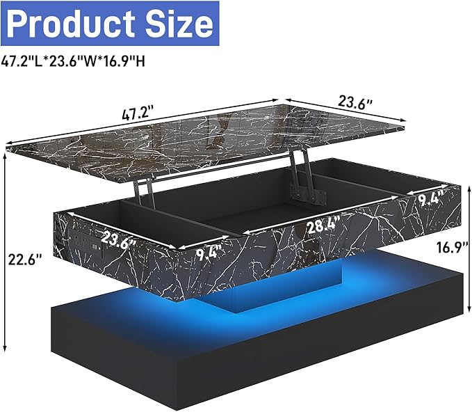 47.2" Large Lift Top Coffee Table with Charging Station, LED Modern High Glossy Center Table with Hidden Compartment Storage, Black Lift Living Room Tables with Marbling Print, Black