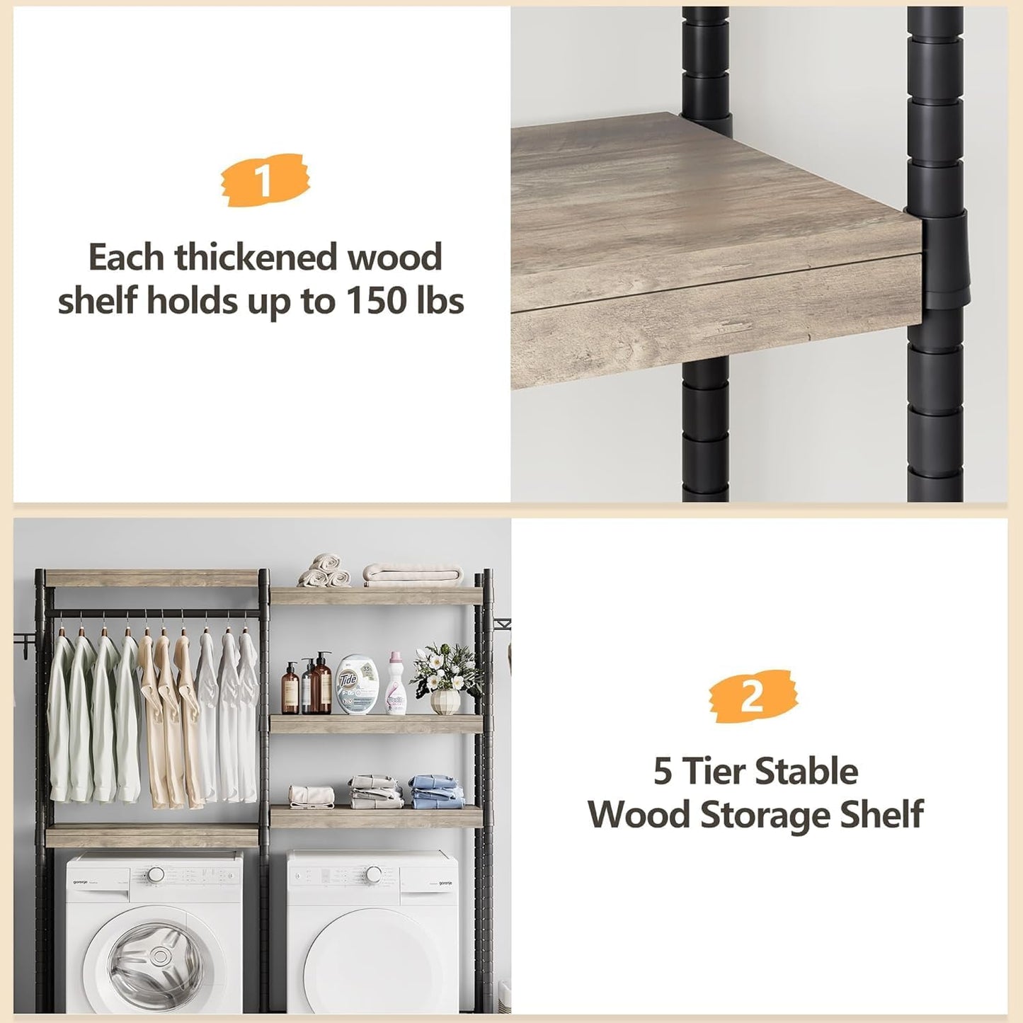 CABIHOME 5-Tier Over-The-Washer Shelf - Adjustable Height Laundry Organizer Space Saver, Double-Layer 100lb Shelves, 2 Hooks for Bathroom/Balcony (Grey & Black)