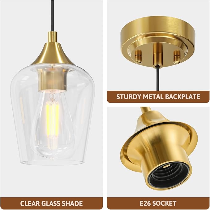 VONLUCE Pendant Light Kitchen Island, Brushed Gold Pendant Light Fixture with E26 Base & Adjustable Cable, Modern Pendant Lighting with Glass Shade for Living Room Bedroom Hallway