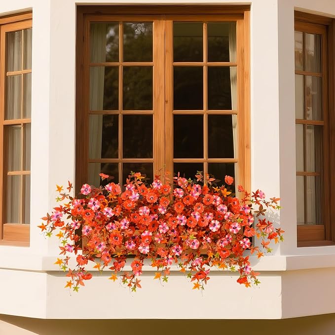 Artificial Fall Hanging Flowers for Outdoors Decoration, 2Pcs Fake Petunias Silk Plants UV Resistant No Fade, Realistic Faux Flower Look Real for Outdoor Planters Garden Porch Patio (Fall Orange)
