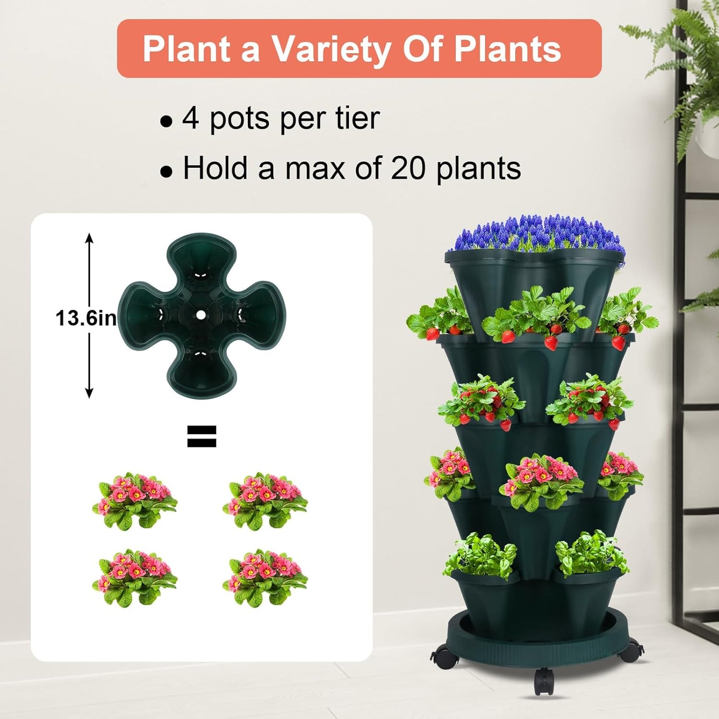 DUNCHATY Stackable Vertical Garden Planter with Wheels, 5 Tier Herb Planter Pots for Growing Vegetables and Succulents, Pine Green