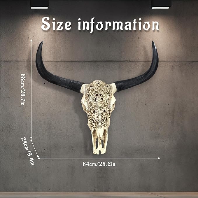 Cow Skull Wall Decor,Long Horn Cow Skull Wall Hanging,Cow Skull Wall Hanging Decor,Faux Taxidermy Head Wall Decor,Simulation Large Bull's Head Boho Style,Decor Wall Sculpture for Home Office (White)
