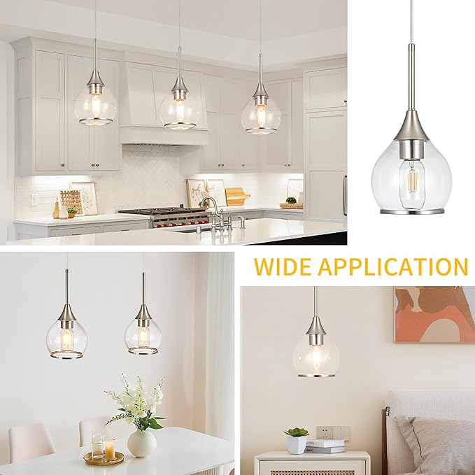 1-Piece Island Light for Kitchen, 1-Light Brushed Nickel Kitchen Island Hanging Pendant Light, Brushed Nickel Dining Room Light Fixture Over Table with Clear Round Glass Shade