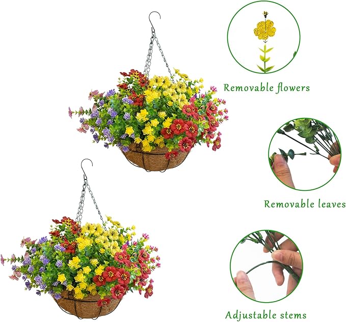 Artificial Hanging Plants Flowers with Basket 2 Packs, Artificial Hanging Flowers for Outdoors, Faux Hanging Plants Outdoor, Fake Flowers, Yellow+Purple+Pink+Red