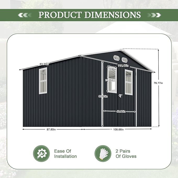 KEIKI Large 8x10 Metal Shed with Four Windows, Lockable Outdoor Storage Shed for Backyard, Tiny House Sheds, Metal Storage Shed for Tools & Equipment, Sheds and Outdoor Storage, Dark Gray