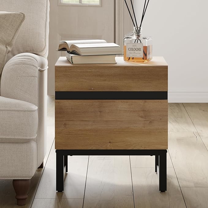 WAMPAT 2 Piece Modern End Table with 2 Drawers, Farmhouse Sofa Table, Wooden Rustic Side Sofa Table Metal Leg for Living Room, Nighstand for Bedroom, Oak