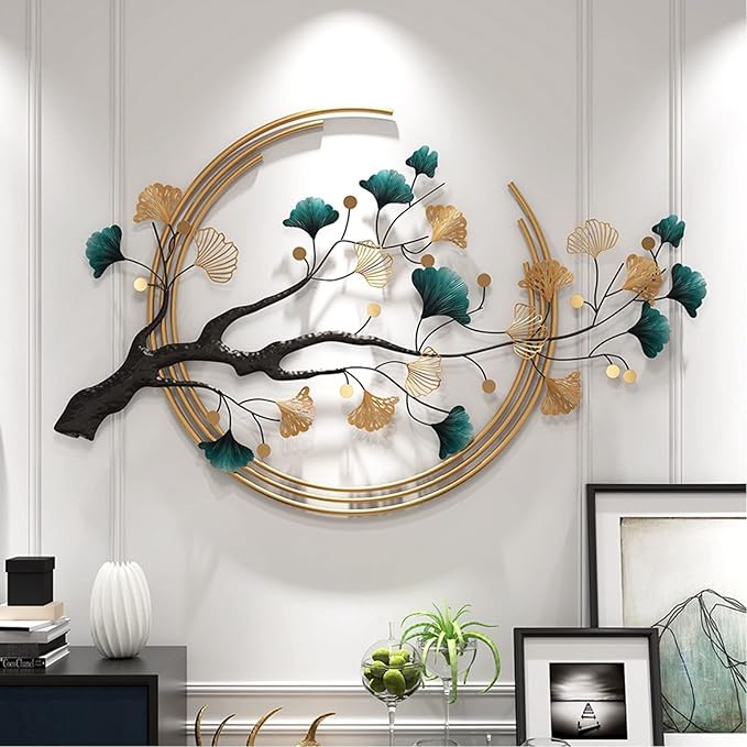 Futyli Large Metal Wall Art - 3D Modern Wall Sculptures, Vertical 53" Ginkgo Leaf Art for Living Room, Dining Room, Bedroom