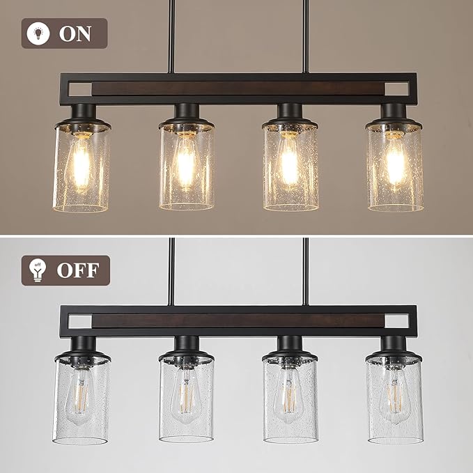 Farmhouse Dining Room Light Fixture, 4-Light Wood Kitchen Island Lighting for Dining Room Over Table, Black Adjustable Pendant Light with Seeded Glass Shades, Linear Chandeliers Lighting for Kitchen